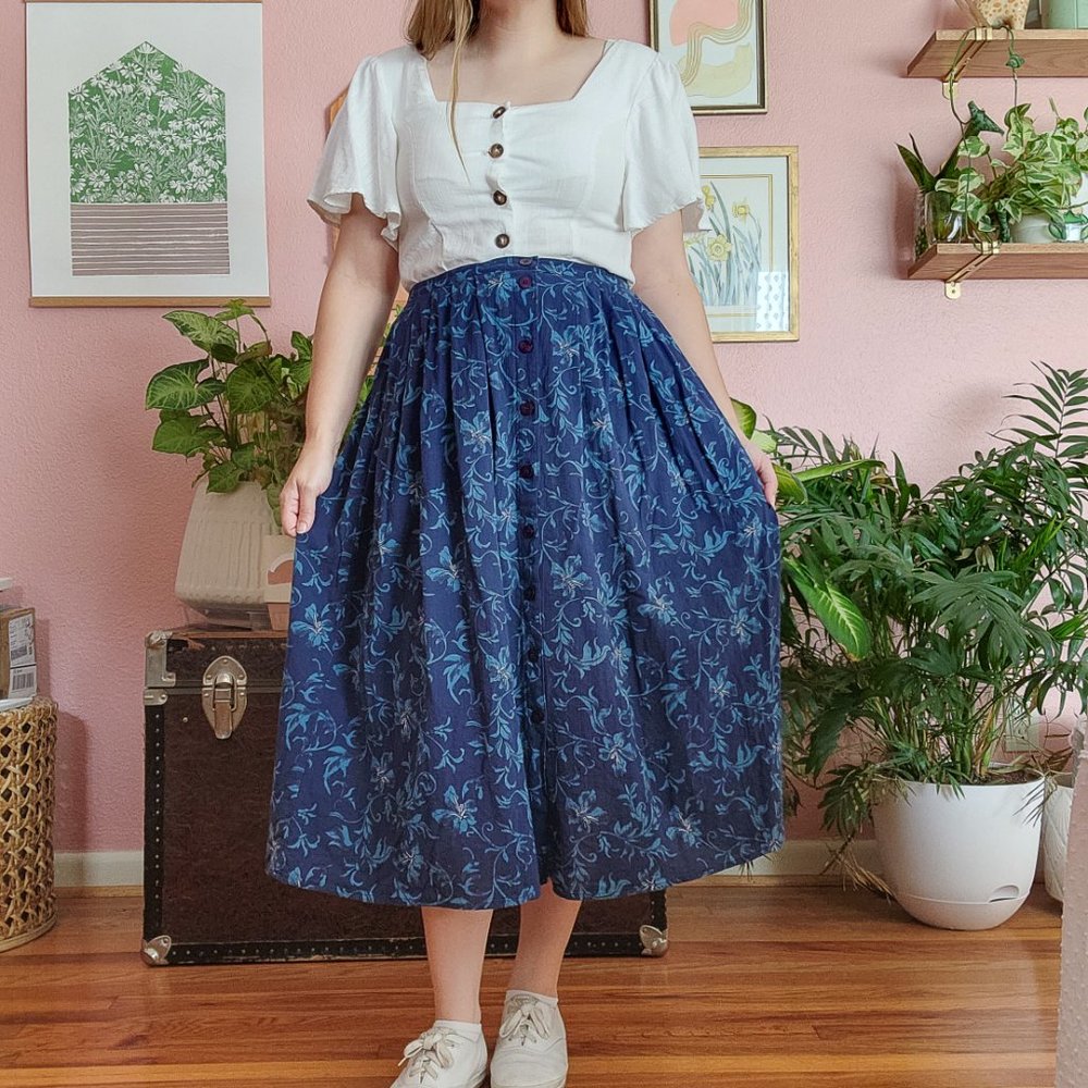 Lizsport Vintage Blue Tropical Floral Print Button Down Midi Skirt Size PM